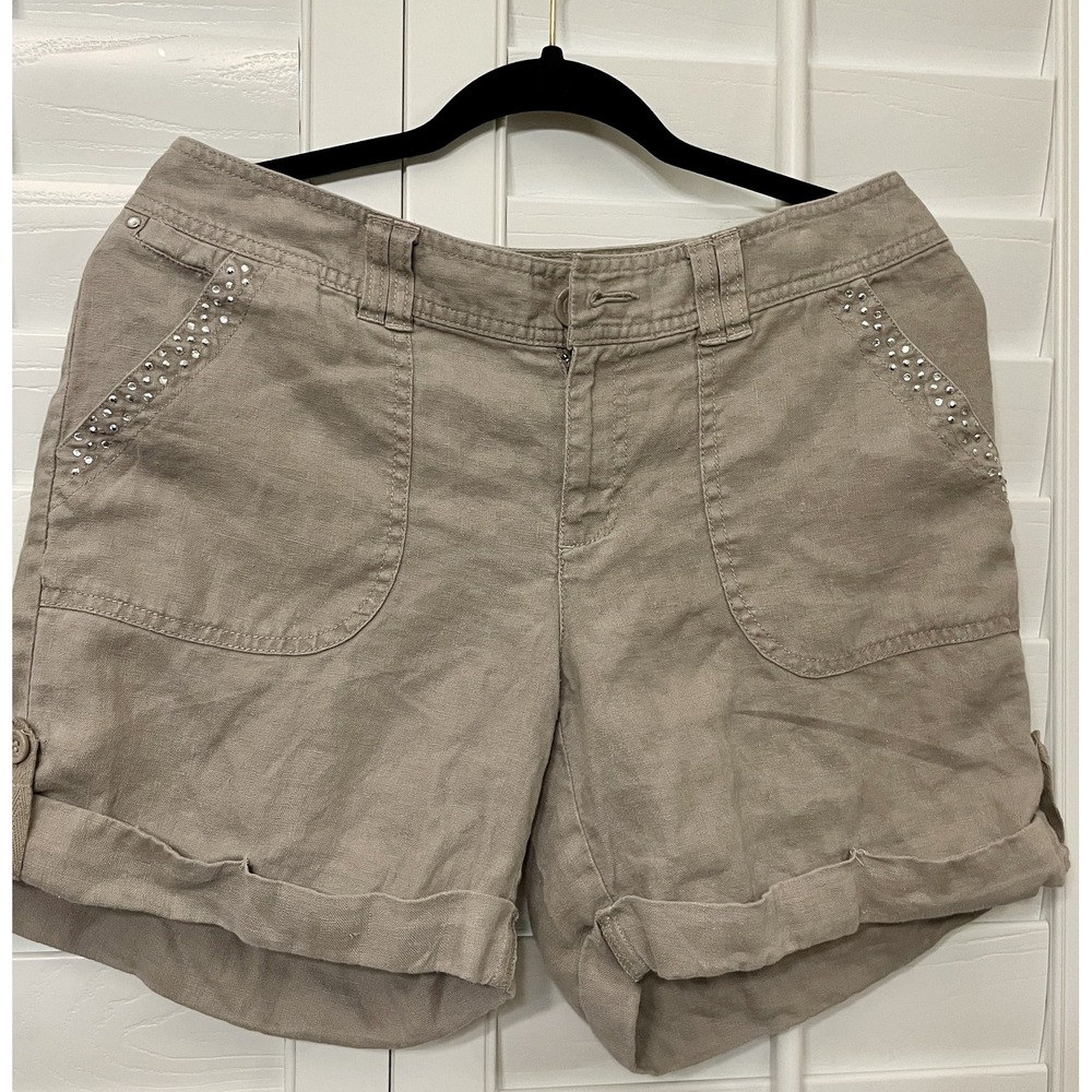 INC International Concepts Shorts Womens 8 Linen Studded Cuffed Casual Pockets